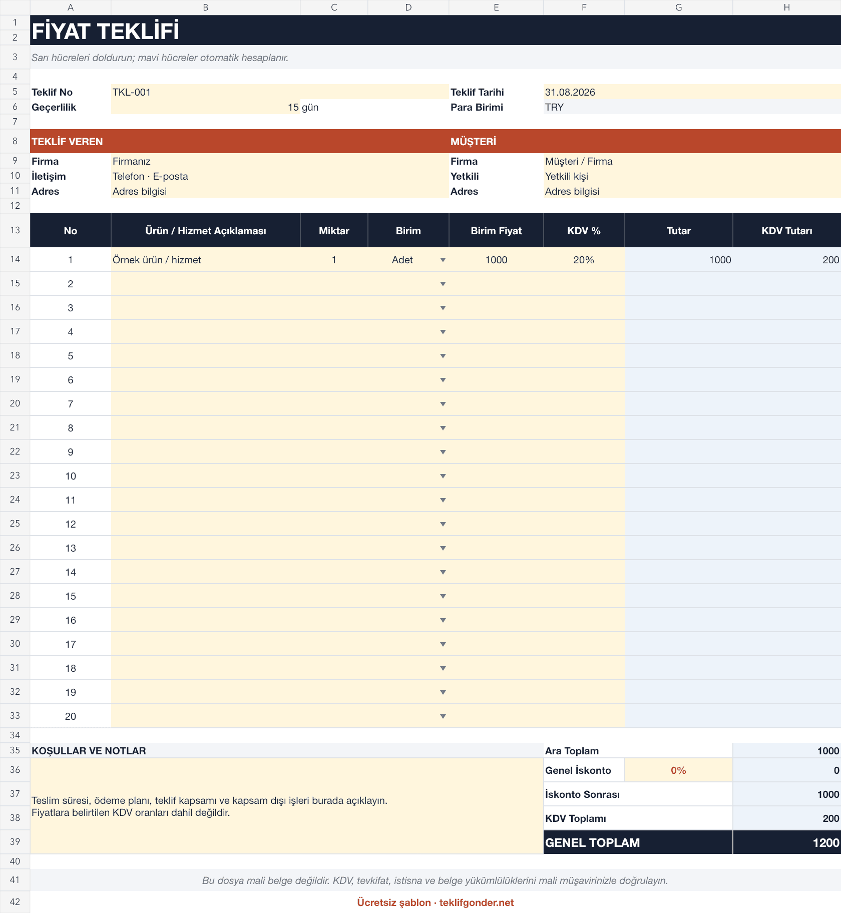 Formülleri ve toplam alanları görünen fiyat teklif formu Excel şablonu önizlemesi